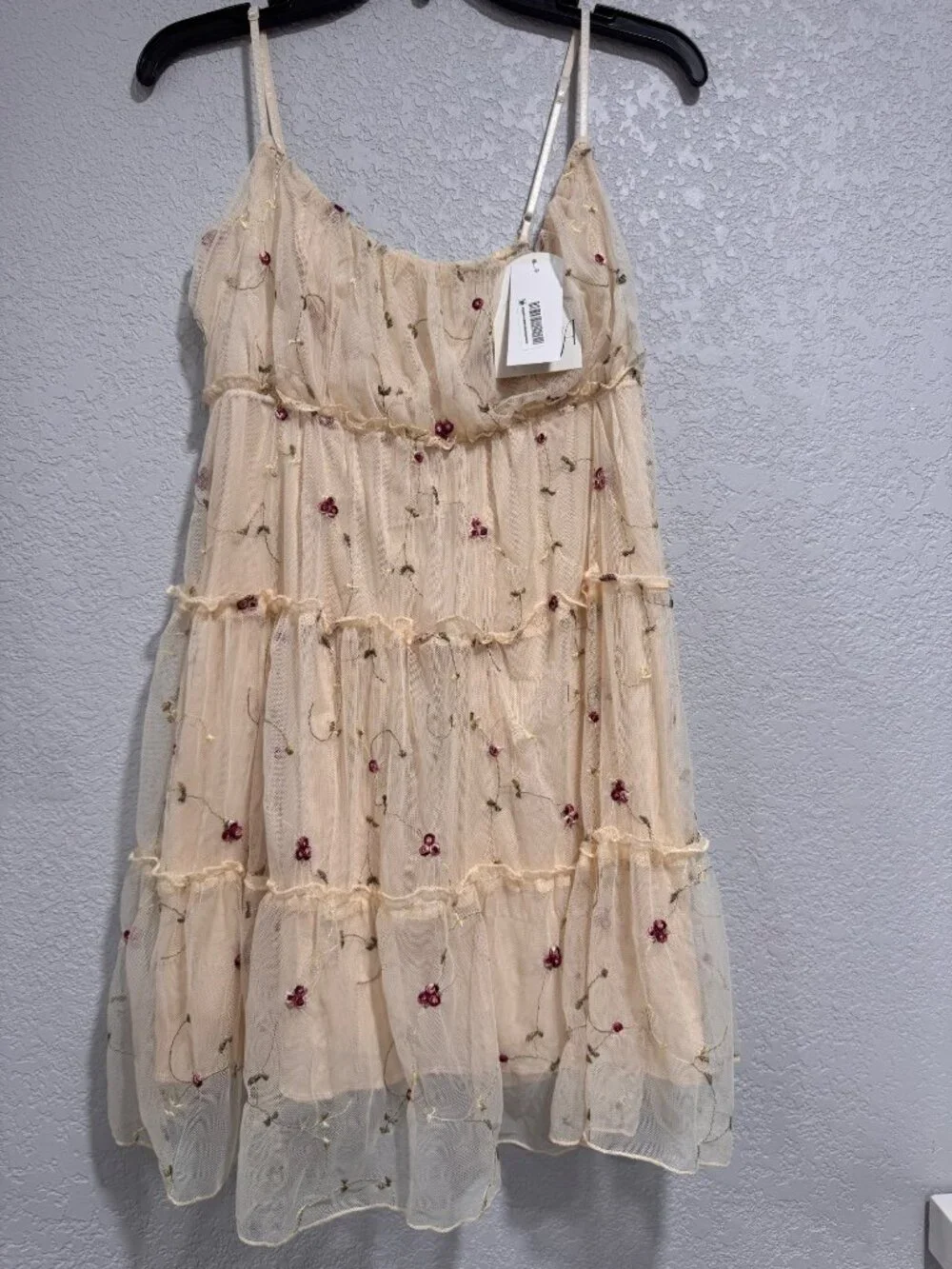 Embroidered Floral Mesh Tiered Dress With Adjustable Spaghetti Straps